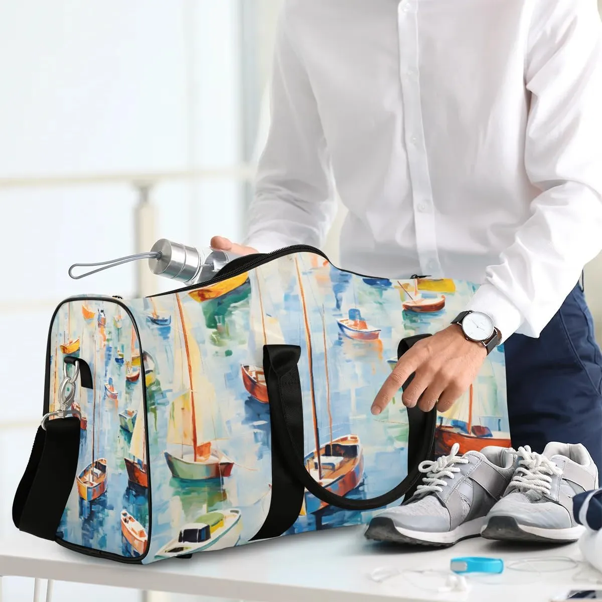 Ocean Sailboats Travel Duffel Bag for Women Men Waterproof Foldable Overnight Weekender Bag Large Capacity Sports Gym Bag