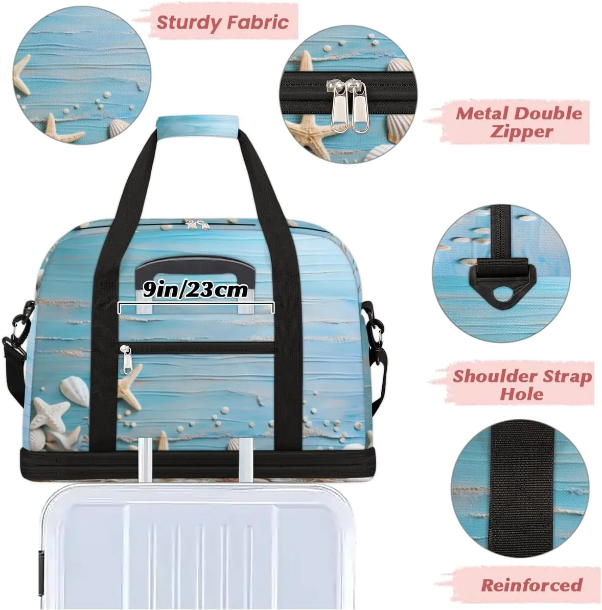 Ocean Themed Starfish Foldable Duffle Bag with Shoes Compartment Large Capacity Waterproof Travel Weekender Bag Overnight Bag for Sports Gym