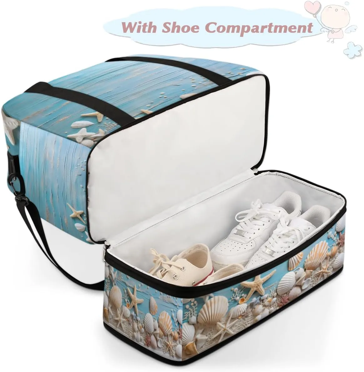 Ocean Themed Starfish Foldable Duffle Bag with Shoes Compartment Large Capacity Waterproof Travel Weekender Bag Overnight Bag for Sports Gym