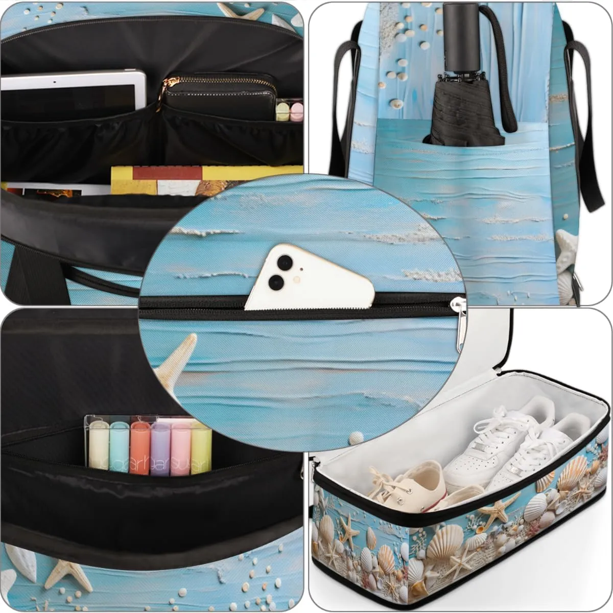Ocean Themed Starfish Foldable Duffle Bag with Shoes Compartment Large Capacity Waterproof Travel Weekender Bag Overnight Bag for Sports Gym