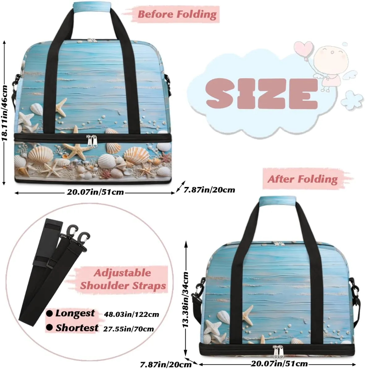 Ocean Themed Starfish Foldable Duffle Bag with Shoes Compartment Large Capacity Waterproof Travel Weekender Bag Overnight Bag for Sports Gym