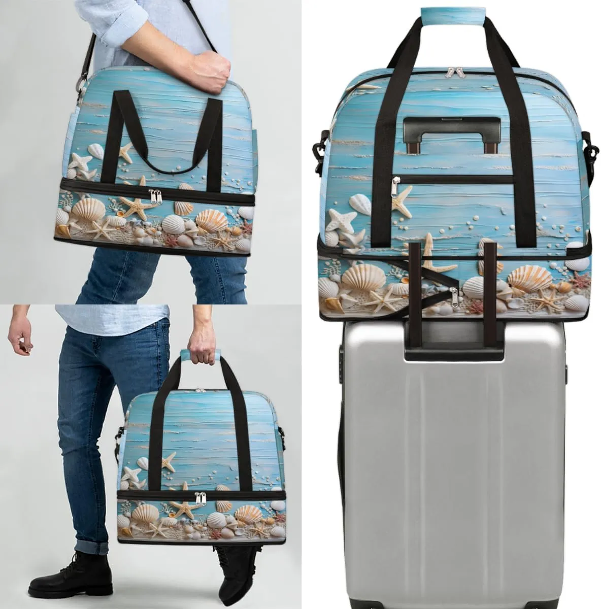 Ocean Themed Starfish Foldable Duffle Bag with Shoes Compartment Large Capacity Waterproof Travel Weekender Bag Overnight Bag for Sports Gym