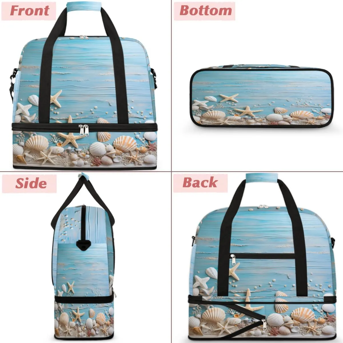 Ocean Themed Starfish Foldable Duffle Bag with Shoes Compartment Large Capacity Waterproof Travel Weekender Bag Overnight Bag for Sports Gym