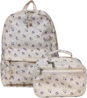 Octsky School Backpack for Girls Teens Corduroy Bookbags with Lunch Box, Women Travel Daypacks, Purple Flowers