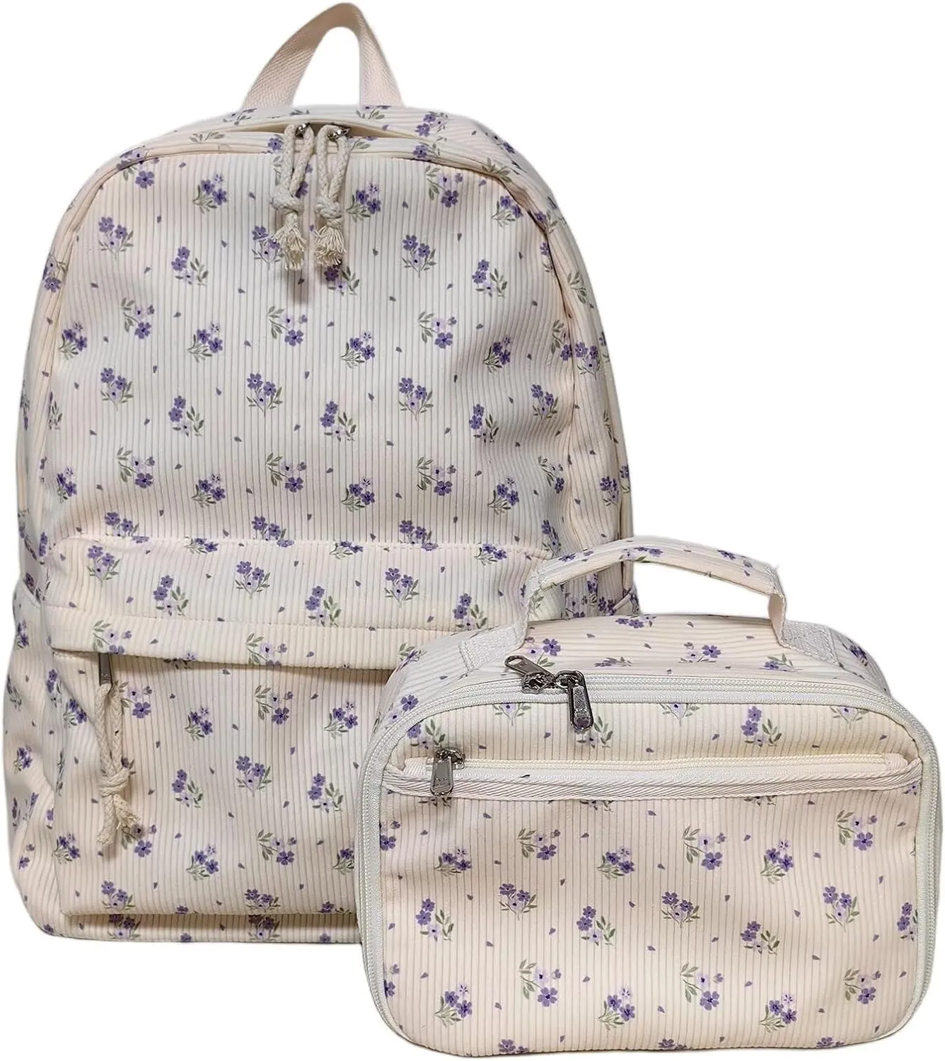 Octsky School Backpack for Girls Teens Corduroy Bookbags with Lunch Box, Women Travel Daypacks, Purple Flowers