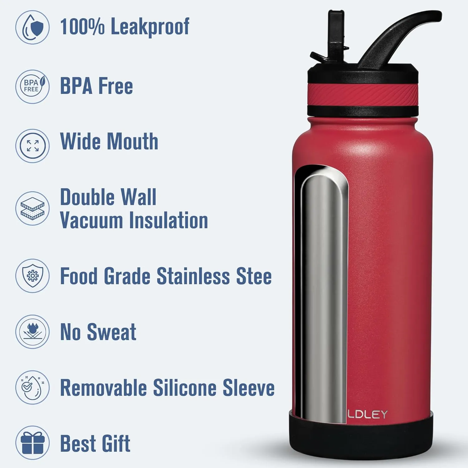 OLDLEY 32 oz Insulated Water Bottle With Straw, Stainless Steel Sports Water Cup Flask with 3 Lids(Straw, Spout and Handle Lid) Double Walled Travel Thermal Canteen Mug,Fire Red