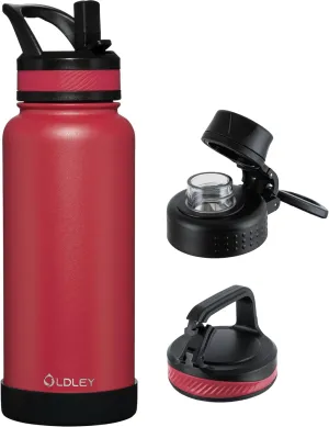 OLDLEY 32 oz Insulated Water Bottle With Straw, Stainless Steel Sports Water Cup Flask with 3 Lids(Straw, Spout and Handle Lid) Double Walled Travel Thermal Canteen Mug,Fire Red