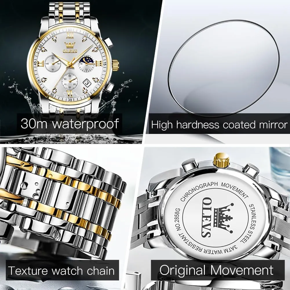 OLEVS Watches for Men,Luxury Big Face Mens Watch Stainless Steel Quartz Analog Dress Watches for Men Luminous Multifunction Chronograph Man Watch Relojes De Hombre