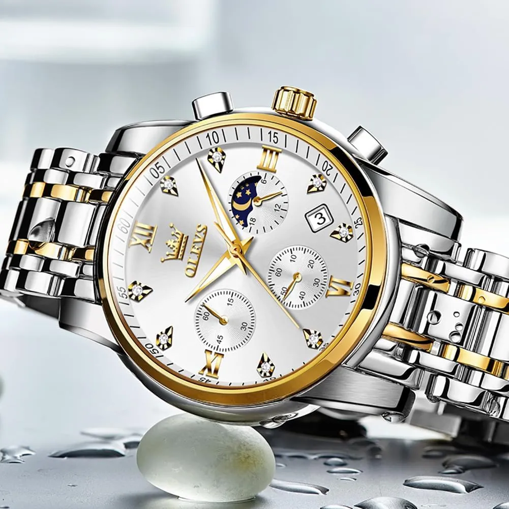 OLEVS Watches for Men,Luxury Big Face Mens Watch Stainless Steel Quartz Analog Dress Watches for Men Luminous Multifunction Chronograph Man Watch Relojes De Hombre