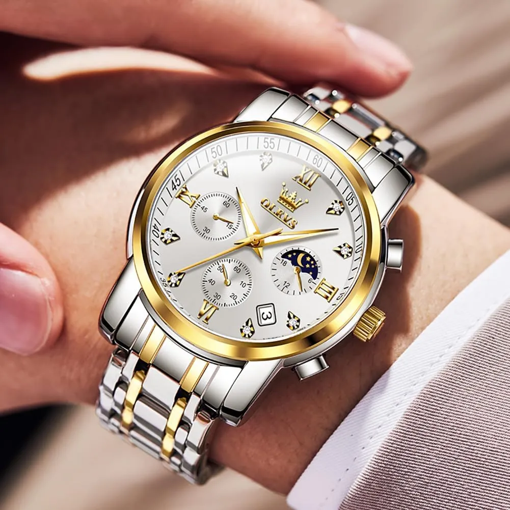 OLEVS Watches for Men,Luxury Big Face Mens Watch Stainless Steel Quartz Analog Dress Watches for Men Luminous Multifunction Chronograph Man Watch Relojes De Hombre