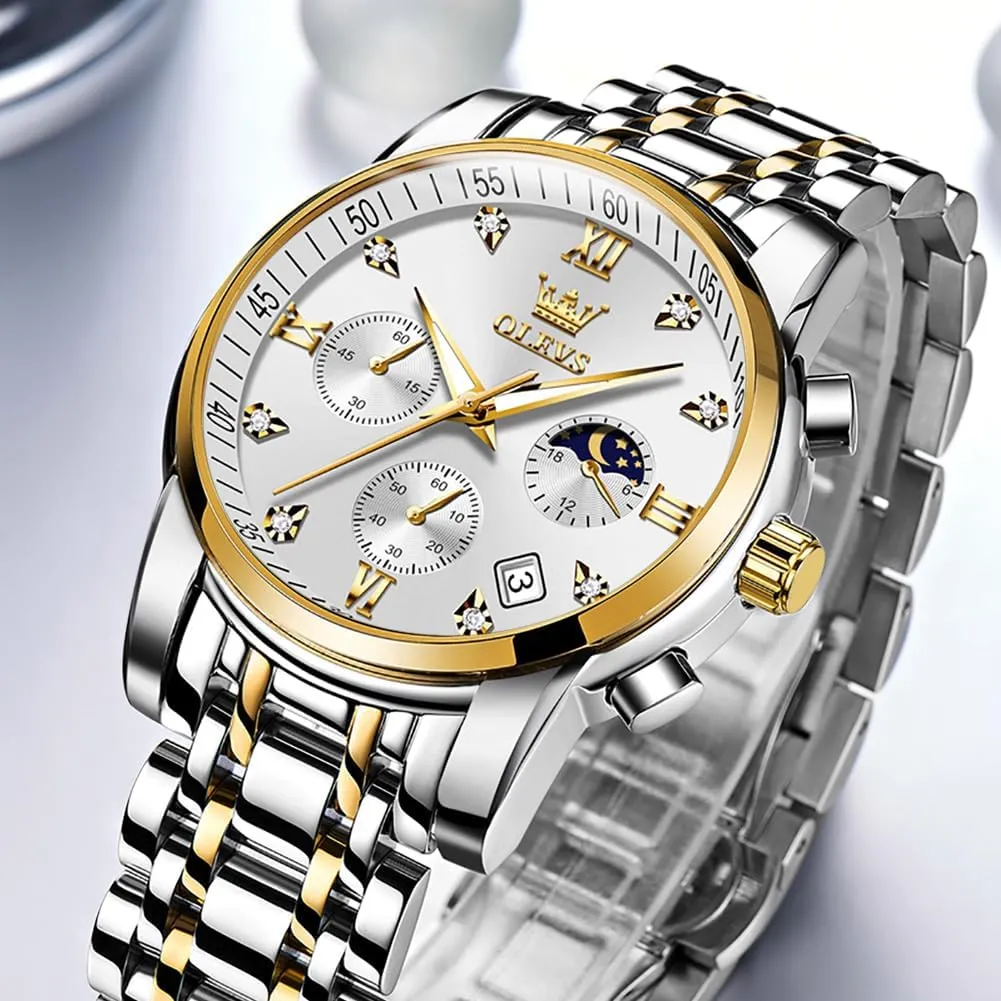 OLEVS Watches for Men,Luxury Big Face Mens Watch Stainless Steel Quartz Analog Dress Watches for Men Luminous Multifunction Chronograph Man Watch Relojes De Hombre