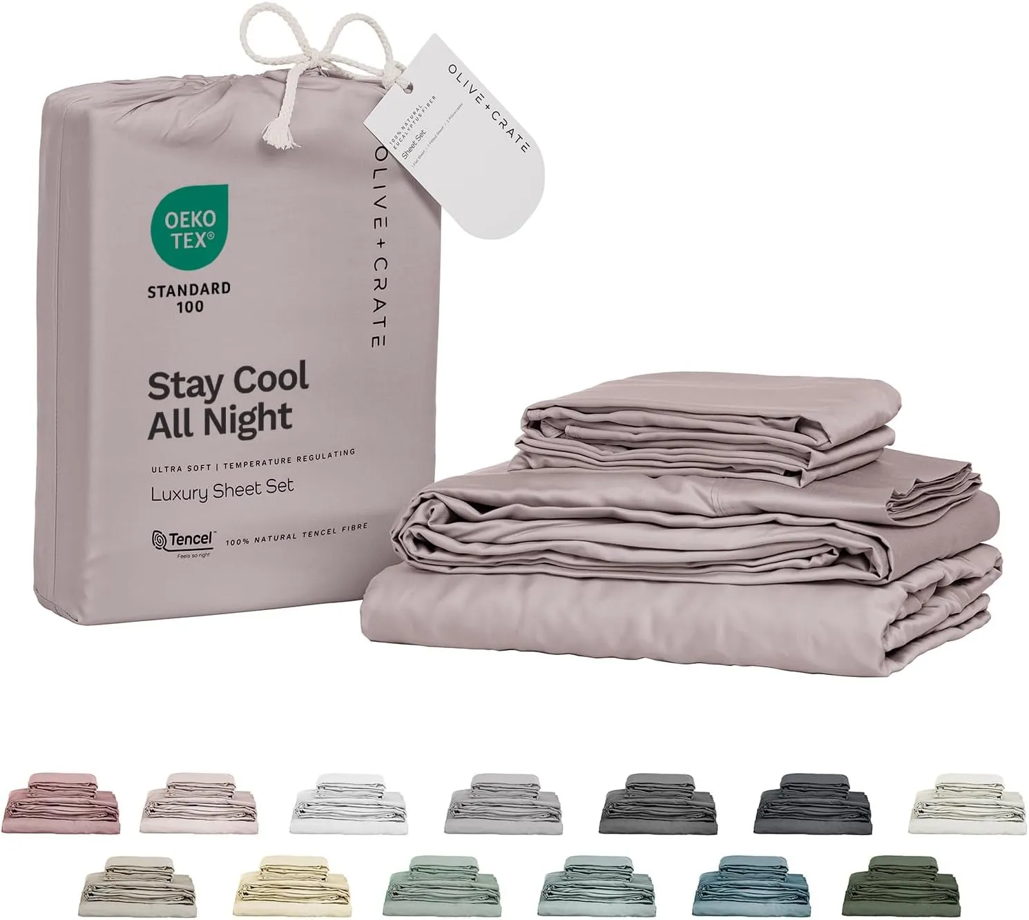 Olive   Crate Eucalyptus Sheets Set – Cooling Sheets for Hot Sleepers – 100% Organic Tencel Lyocell – King Size – Hypoallergenic, Moisture-Wicking – Deep Pockets – Soft, Durable 76" x 80" [Dusk]