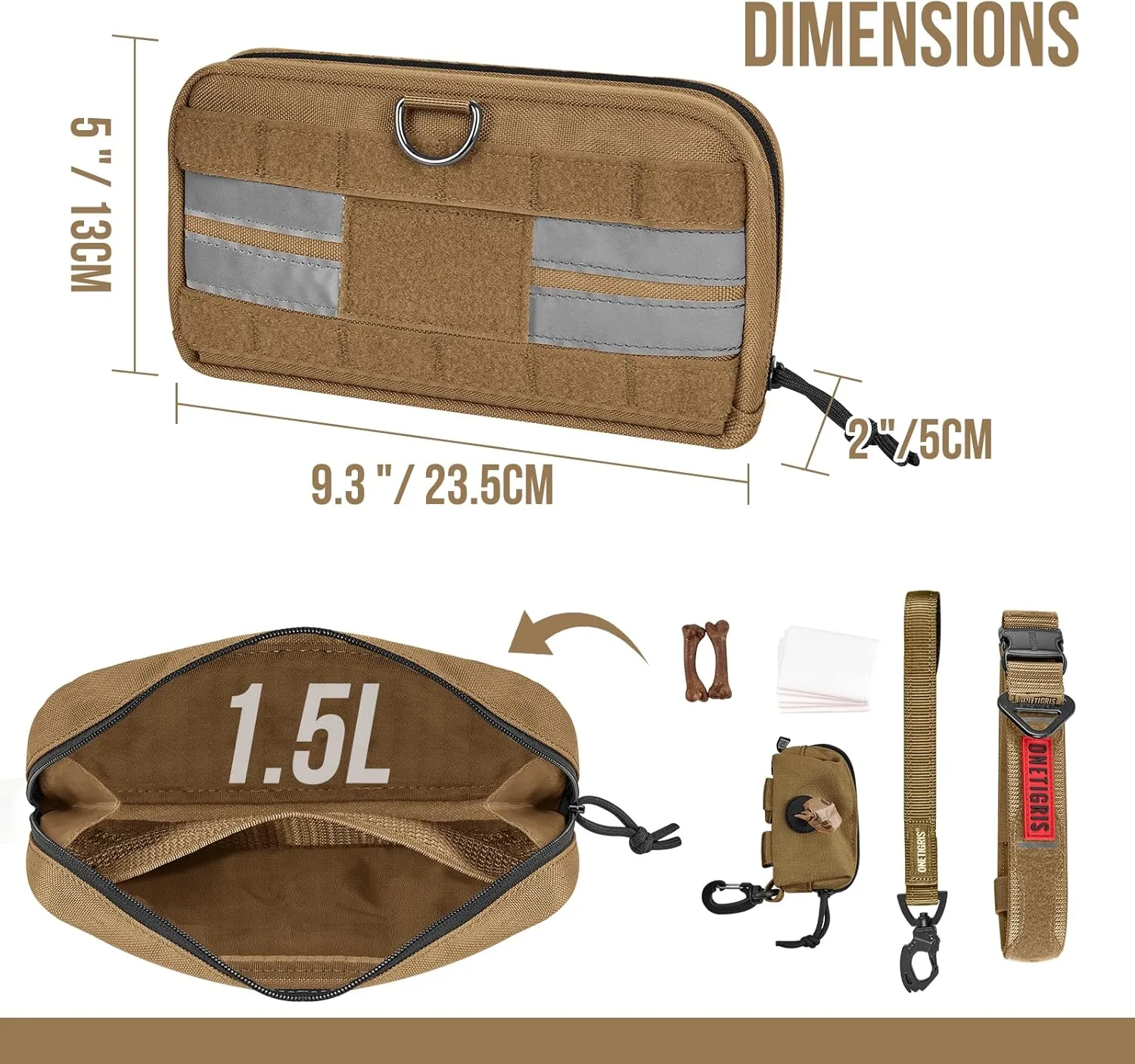 OneTigris Service Dog Harness Molle Saddle Bag, Large Tactical Add-on Pouches for Treats, Poop Bags, Toys Dog Backpack, 9.3”*5” (Brown)