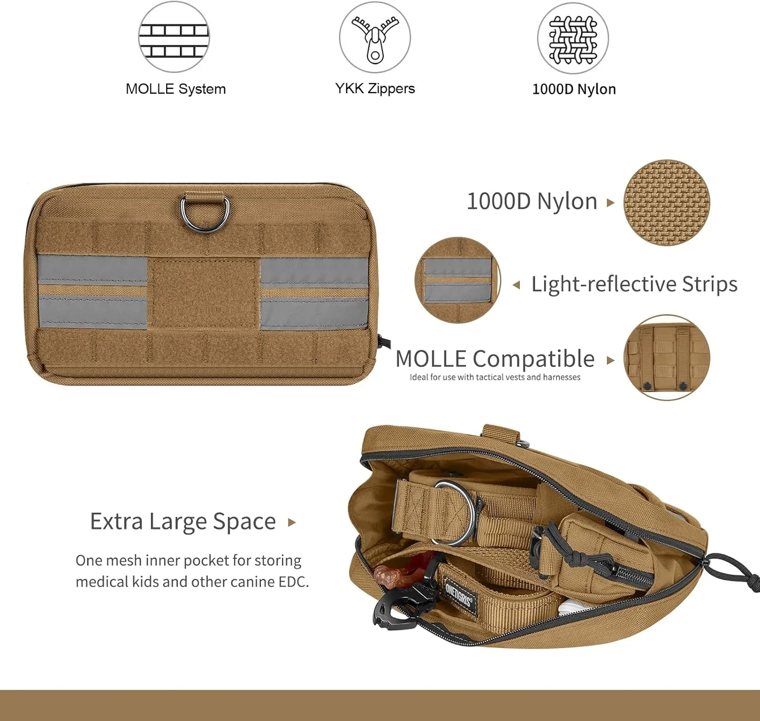 OneTigris Service Dog Harness Molle Saddle Bag, Large Tactical Add-on Pouches for Treats, Poop Bags, Toys Dog Backpack, 9.3”*5” (Brown)