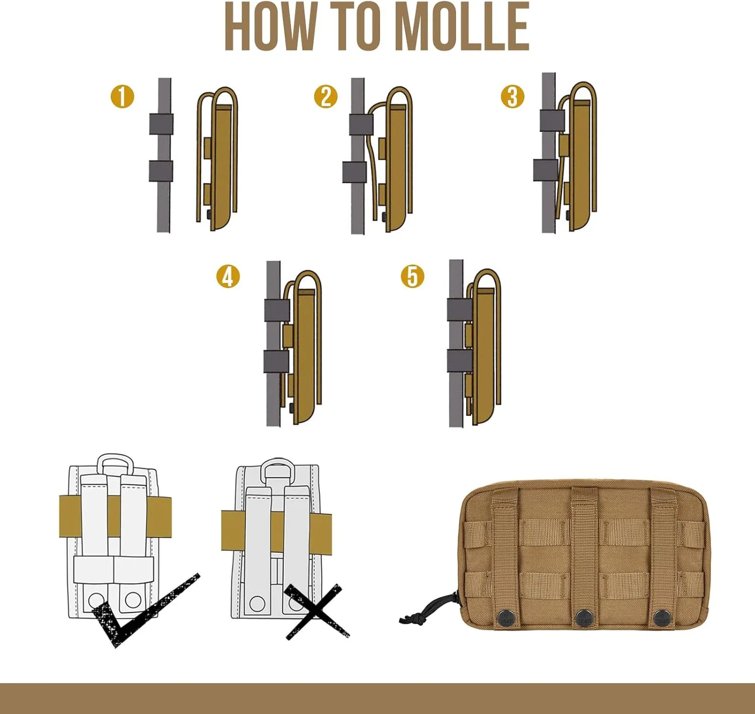 OneTigris Service Dog Harness Molle Saddle Bag, Large Tactical Add-on Pouches for Treats, Poop Bags, Toys Dog Backpack, 9.3”*5” (Brown)