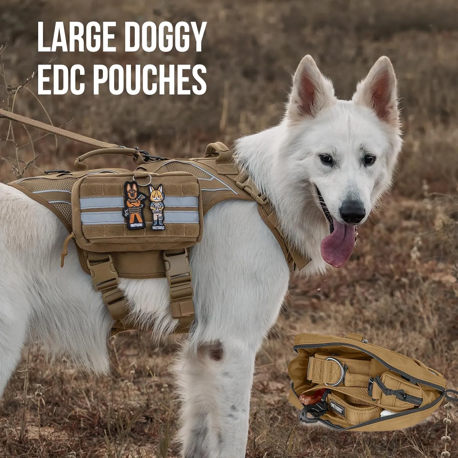 OneTigris Service Dog Harness Molle Saddle Bag, Large Tactical Add-on Pouches for Treats, Poop Bags, Toys Dog Backpack, 9.3”*5” (Brown)
