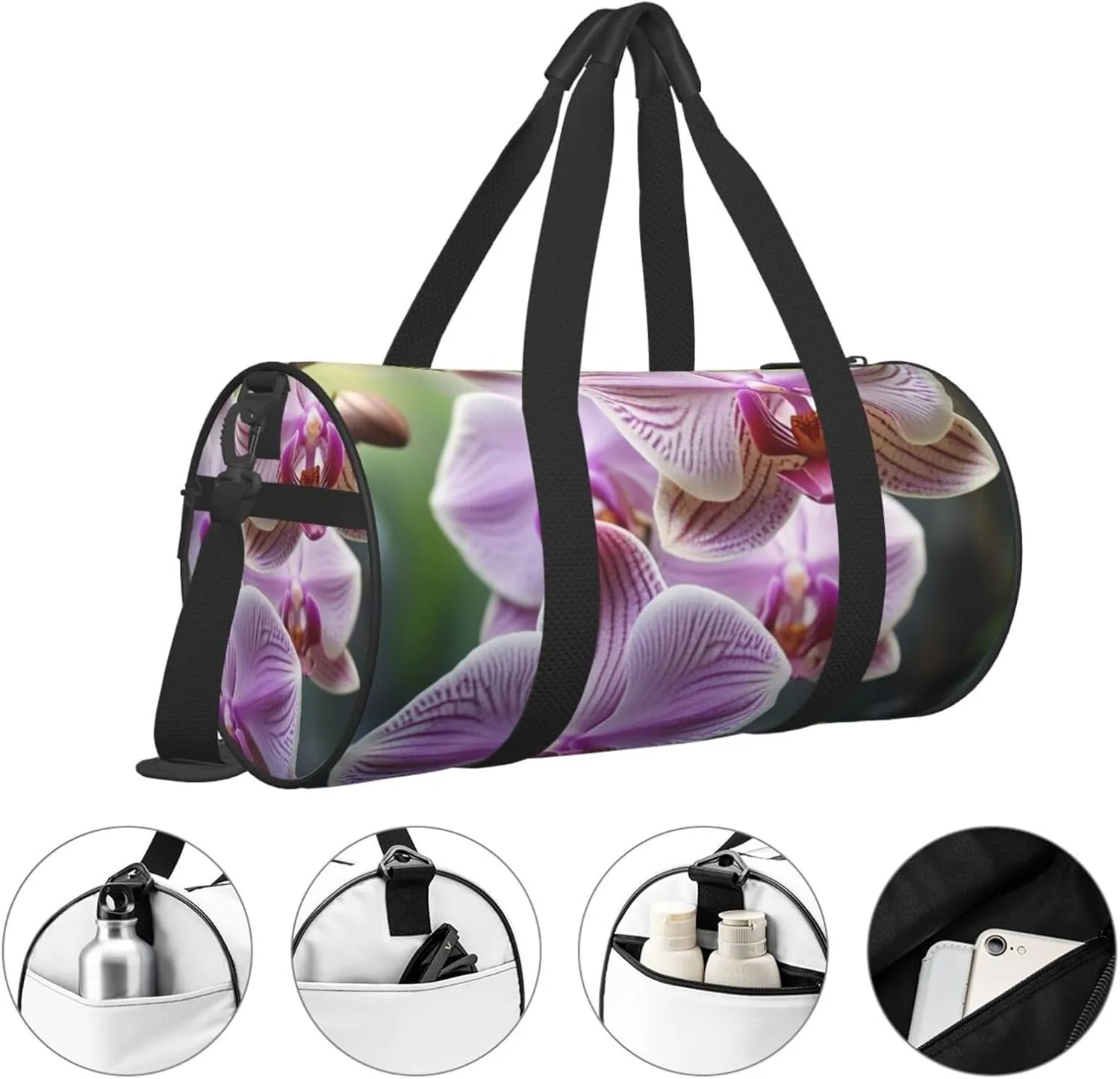 Orchid Flower Butterfly Soft Fresh Spring Printed Travel Bag,Round Personal Item Storage bag,Foldie Duffel Bag for Traveling Vacation,Fitness,Sports