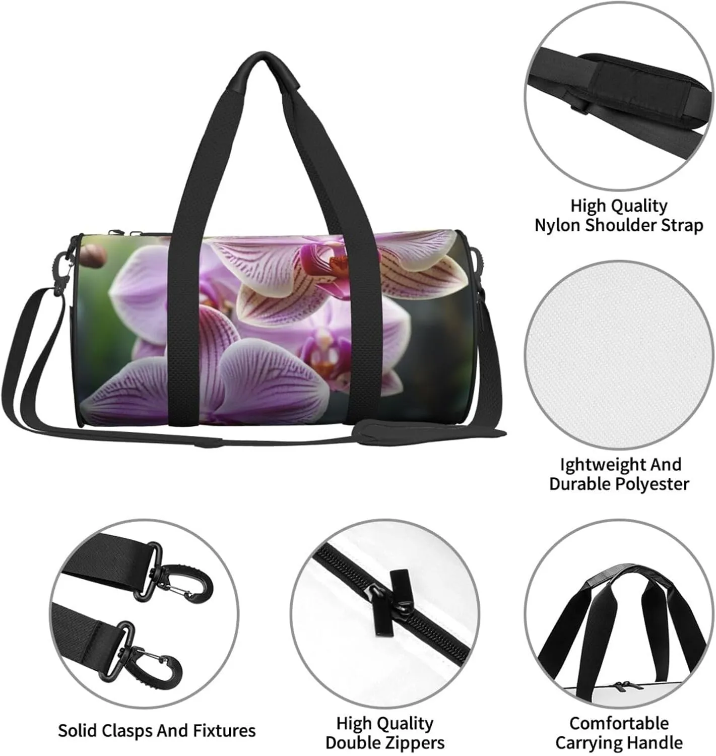 Orchid Flower Butterfly Soft Fresh Spring Printed Travel Bag,Round Personal Item Storage bag,Foldie Duffel Bag for Traveling Vacation,Fitness,Sports