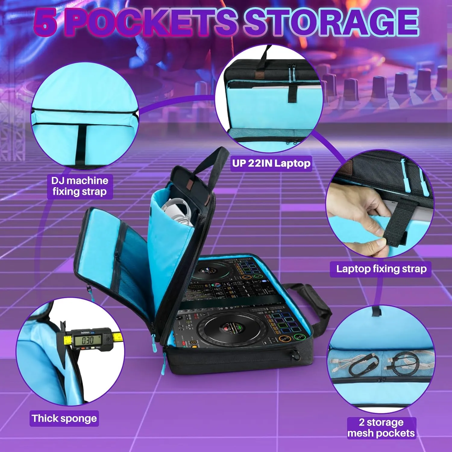 ORKELS DJ Controller Case for Pioneer SR/SR2/RR/DDJ-REV1/Denon MC4000/Numark NVII/Mixtrack Pro 3 & NV - Travel Bag with Strap for Controller, Laptop & Accessories - M-22.8''x4''x14.6''
