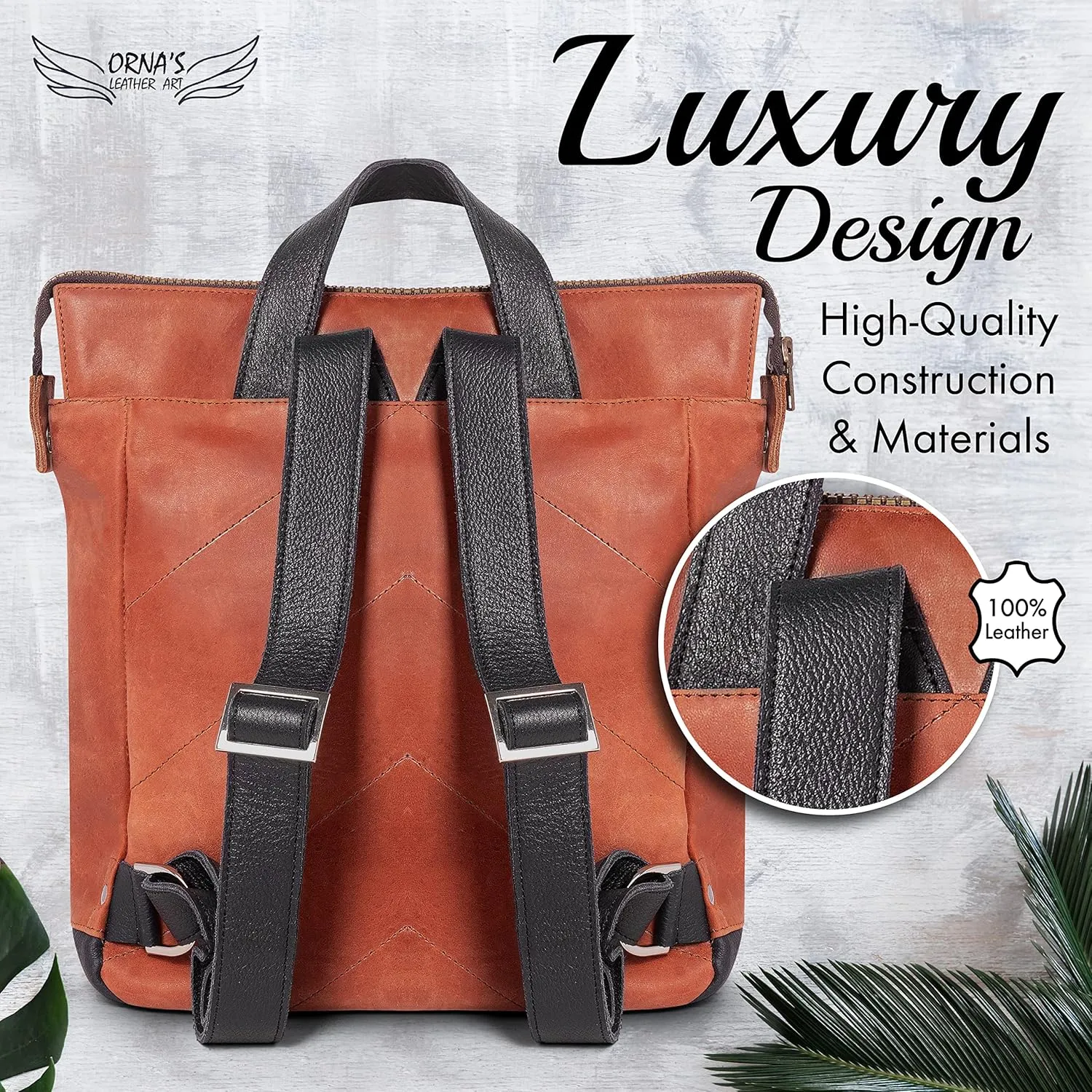 ORNA'S LEATHER ART | Mini SWAN Everyday leather backpack for Women. Practical, Stylish and Spacious Women’s Bag. Real Leather in A Chic Backpack And Contemporary Design (Red Cognac)
