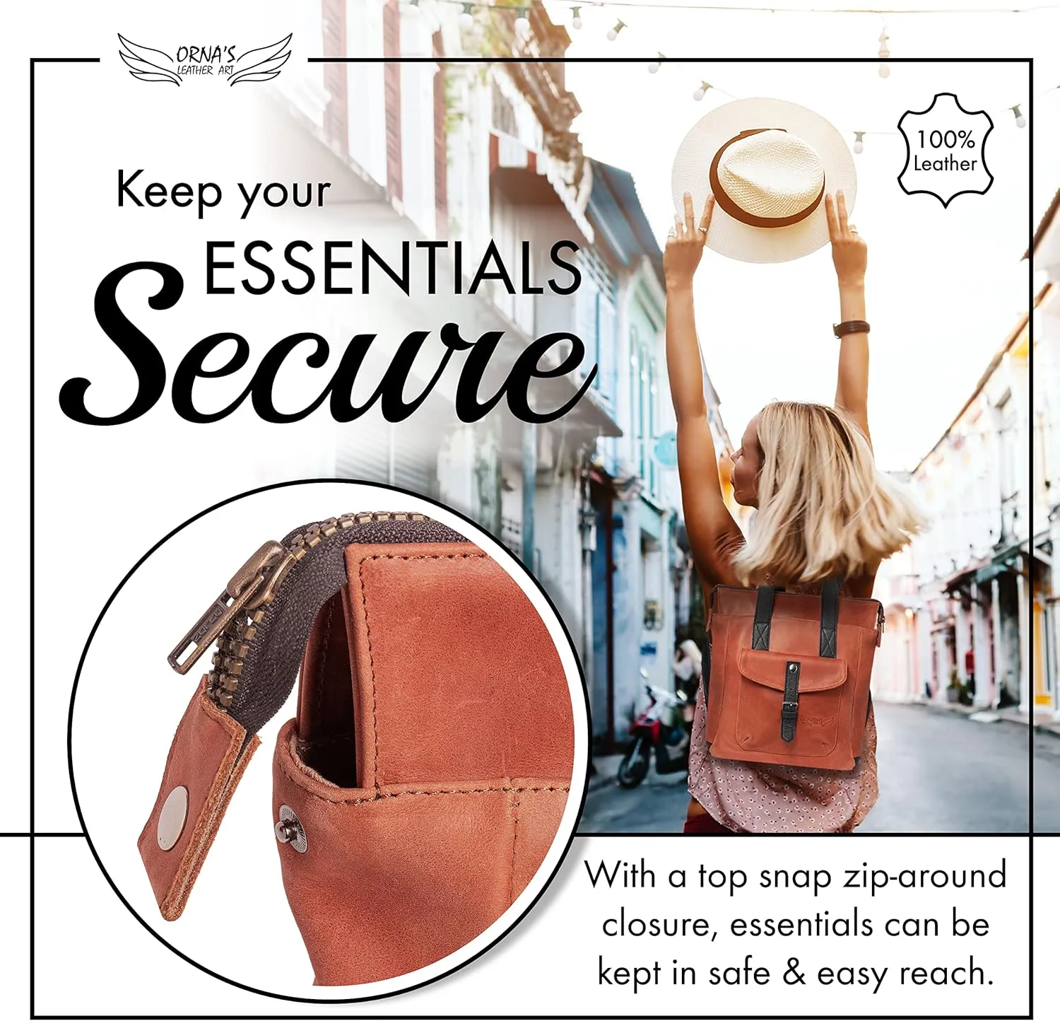 ORNA'S LEATHER ART | Mini SWAN Everyday leather backpack for Women. Practical, Stylish and Spacious Women’s Bag. Real Leather in A Chic Backpack And Contemporary Design (Red Cognac)