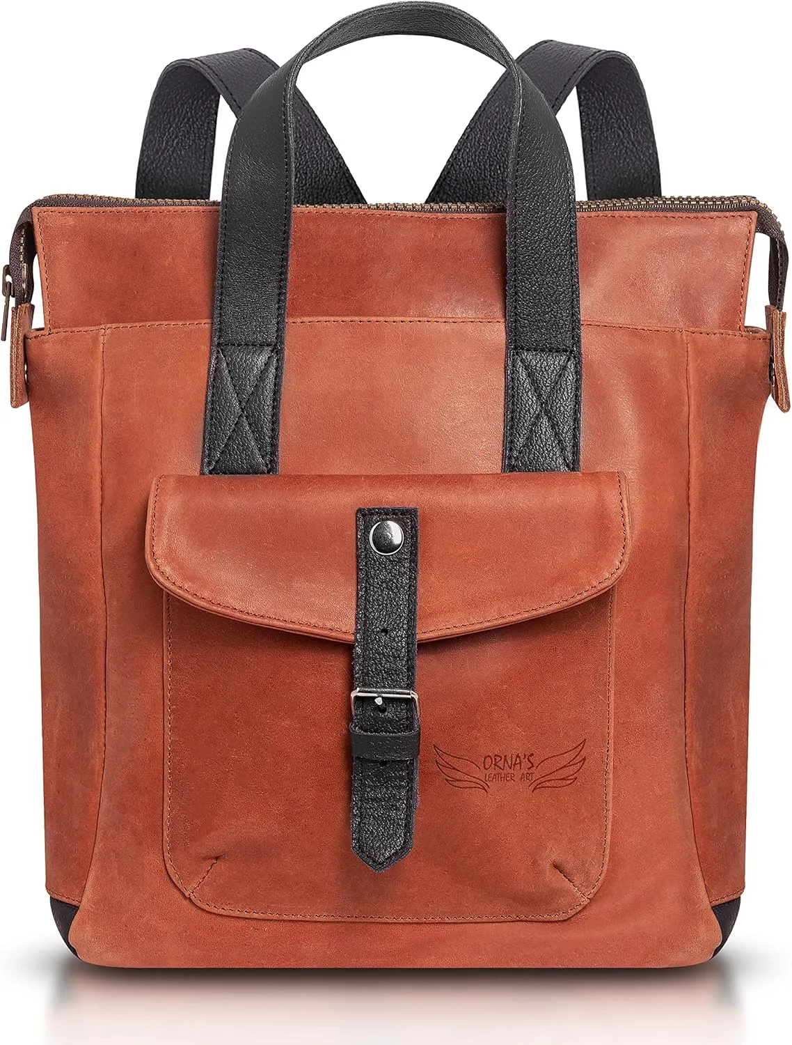 ORNA'S LEATHER ART | Mini SWAN Everyday leather backpack for Women. Practical, Stylish and Spacious Women’s Bag. Real Leather in A Chic Backpack And Contemporary Design (Red Cognac)