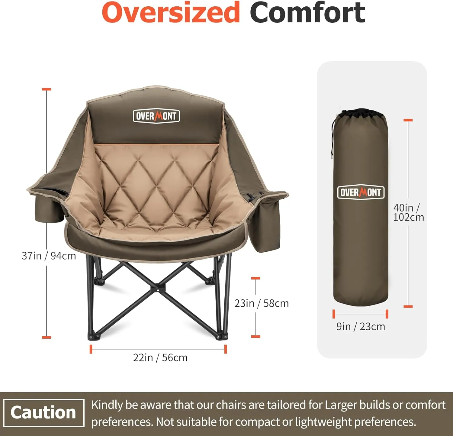 Overmont Oversized XL Camping Chair for Adults - 450lbs Support Heavy-Duty Padded Folding Chair with Side Pocket Cup Holder Cooling Bag for Outdoor Sports Garden Beach Fishing Lawn Khaki