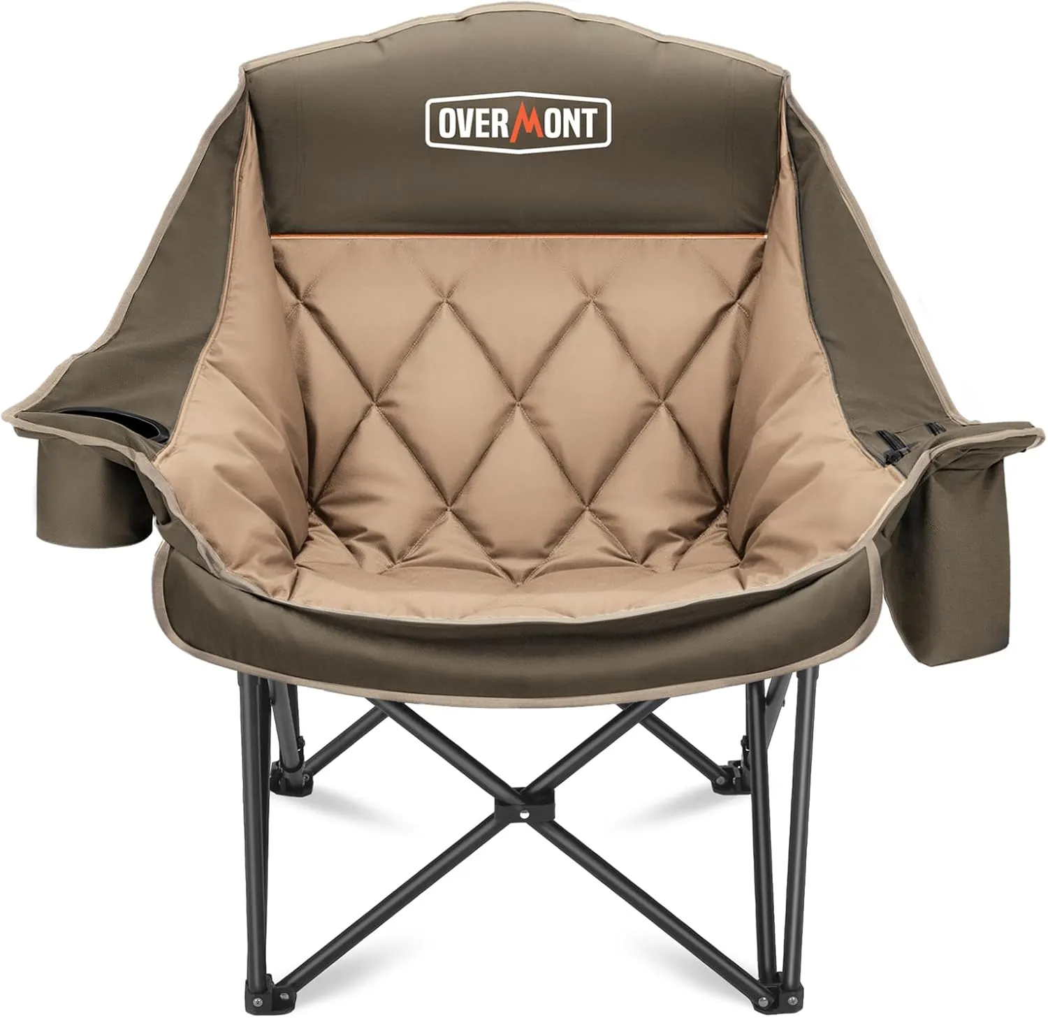Overmont Oversized XL Camping Chair for Adults - 450lbs Support Heavy-Duty Padded Folding Chair with Side Pocket Cup Holder Cooling Bag for Outdoor Sports Garden Beach Fishing Lawn Khaki