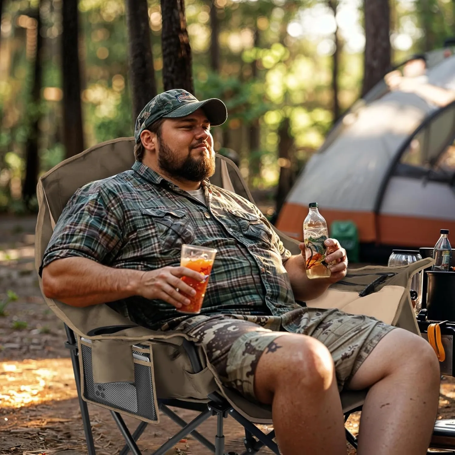 Overmont Oversized XL Camping Chair for Adults - 450lbs Support Heavy-Duty Padded Folding Chair with Side Pocket Cup Holder Cooling Bag for Outdoor Sports Garden Beach Fishing Lawn Khaki