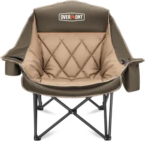 Overmont Oversized XL Camping Chair for Adults - 450lbs Support Heavy-Duty Padded Folding Chair with Side Pocket Cup Holder Cooling Bag for Outdoor Sports Garden Beach Fishing Lawn Khaki