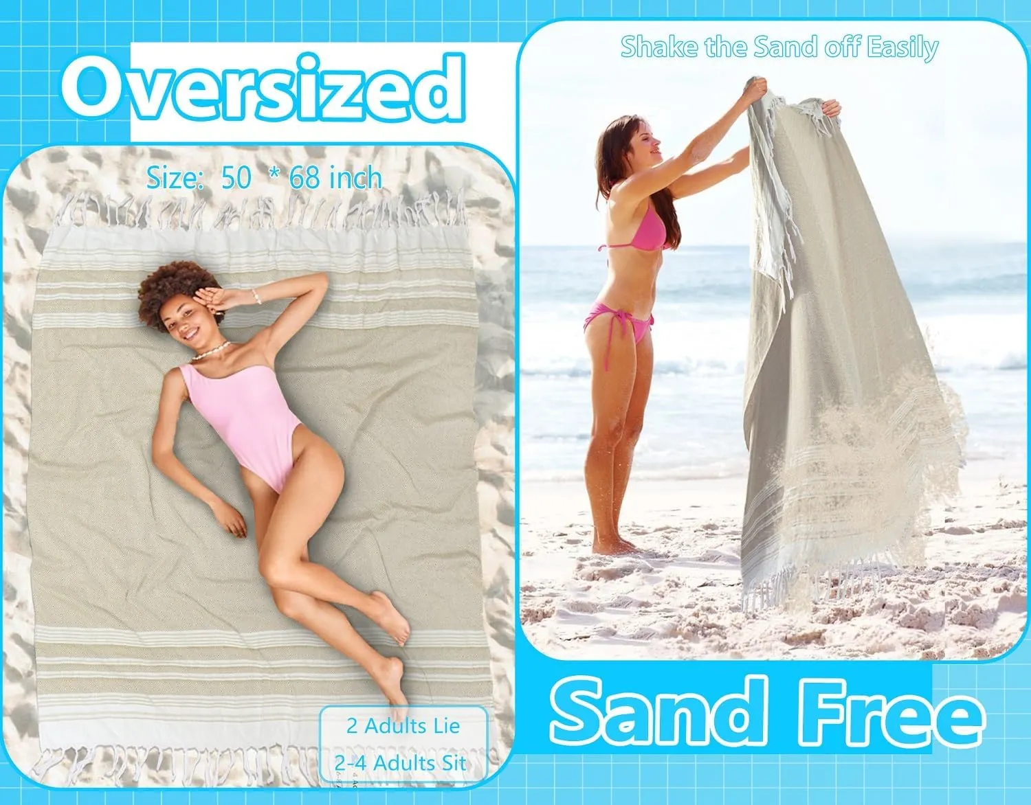 Oversized Cotton Turkish Beach Towel Blanket Giant XL Sandproof Boho Sand Free Towels Huge Jumbo XXL Extra Large Big Throw Quilt Blankets Cloud Beige
