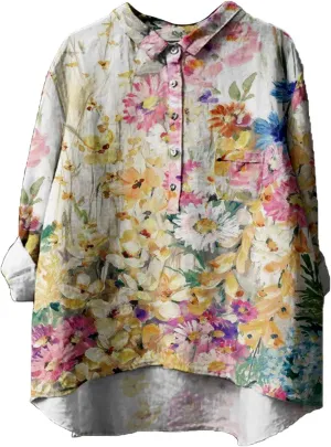 Oversized Crew Neck Linen Shrits for Women Loose Fit Tee Tops Lapel Neck Button Blouses Long Linen Button Down Clothes