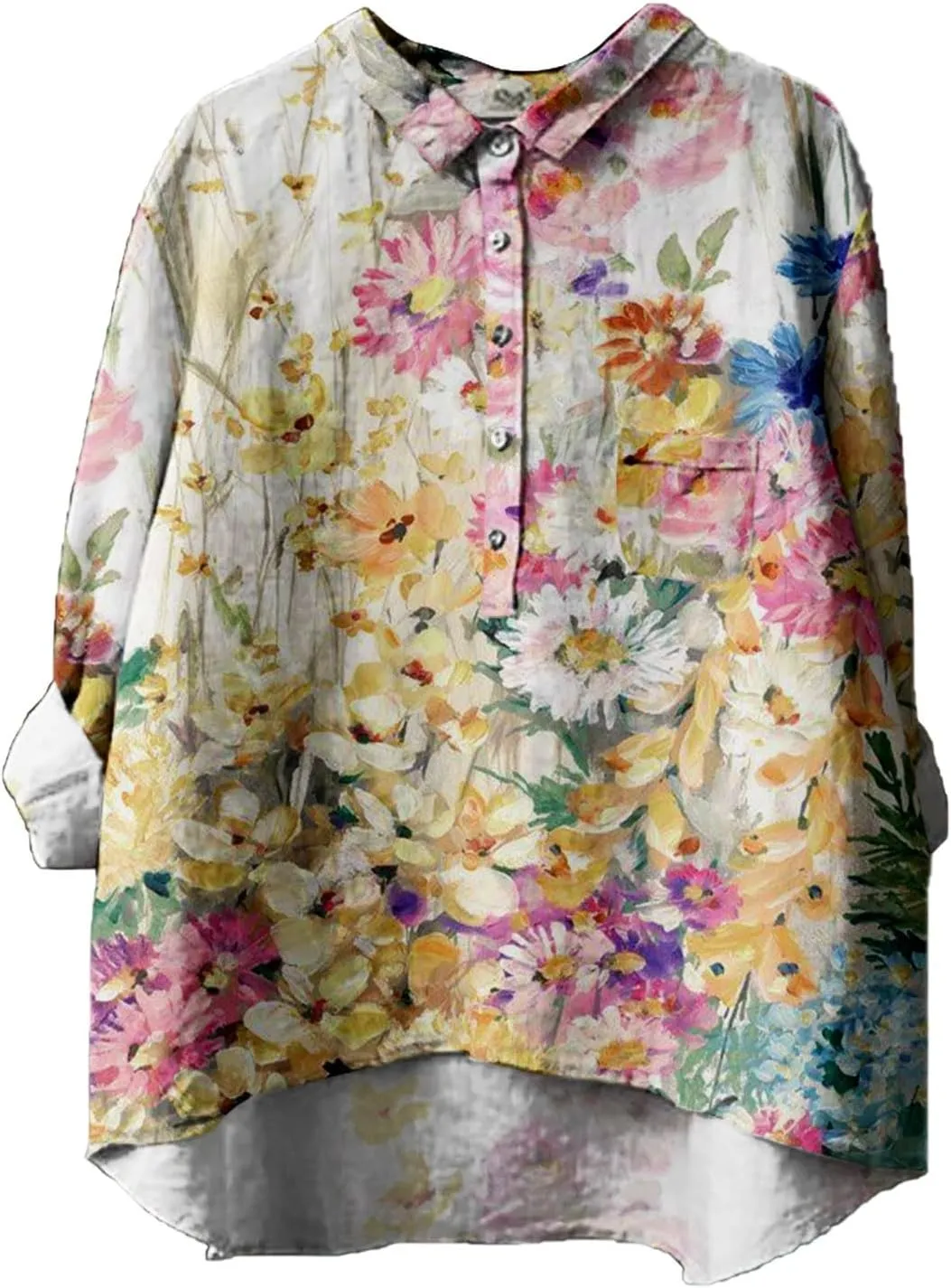 Oversized Crew Neck Linen Shrits for Women Loose Fit Tee Tops Lapel Neck Button Blouses Long Linen Button Down Clothes