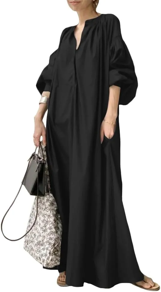 Oversized Dress for Women Lantern Long Sleeve Long Dress Casual V Neck Cotton Maxi Dress Plus Size Shirt Dress Pocket