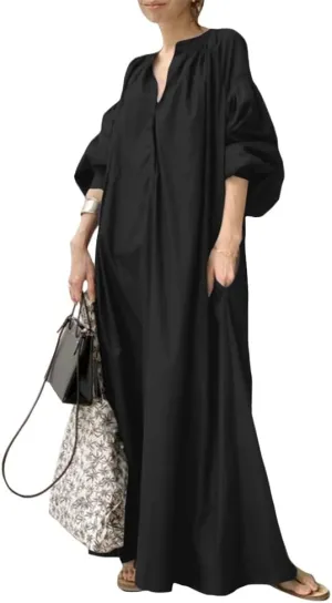 Oversized Dress for Women Lantern Long Sleeve Long Dress Casual V Neck Cotton Maxi Dress Plus Size Shirt Dress Pocket