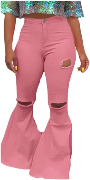 Oversized Skinny Ripped Bell Bottom Jeans Plus Size High Waist Bootcut Classic Flared Jean Pants