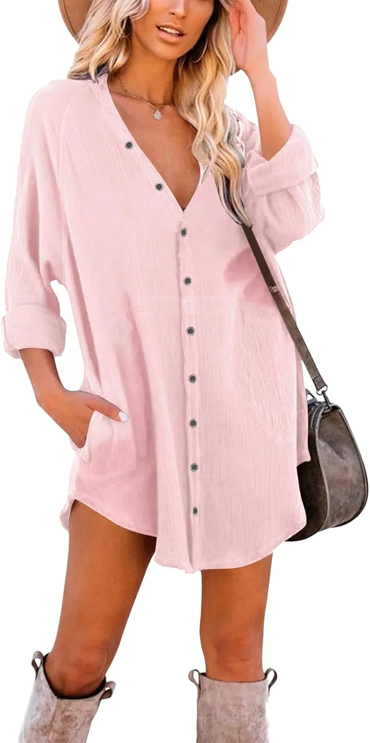 Paintcolors Women's Long Sleeve Button Down Tunic Dresses Beach Cover-ups Oversized Blouse Tops with Pockets