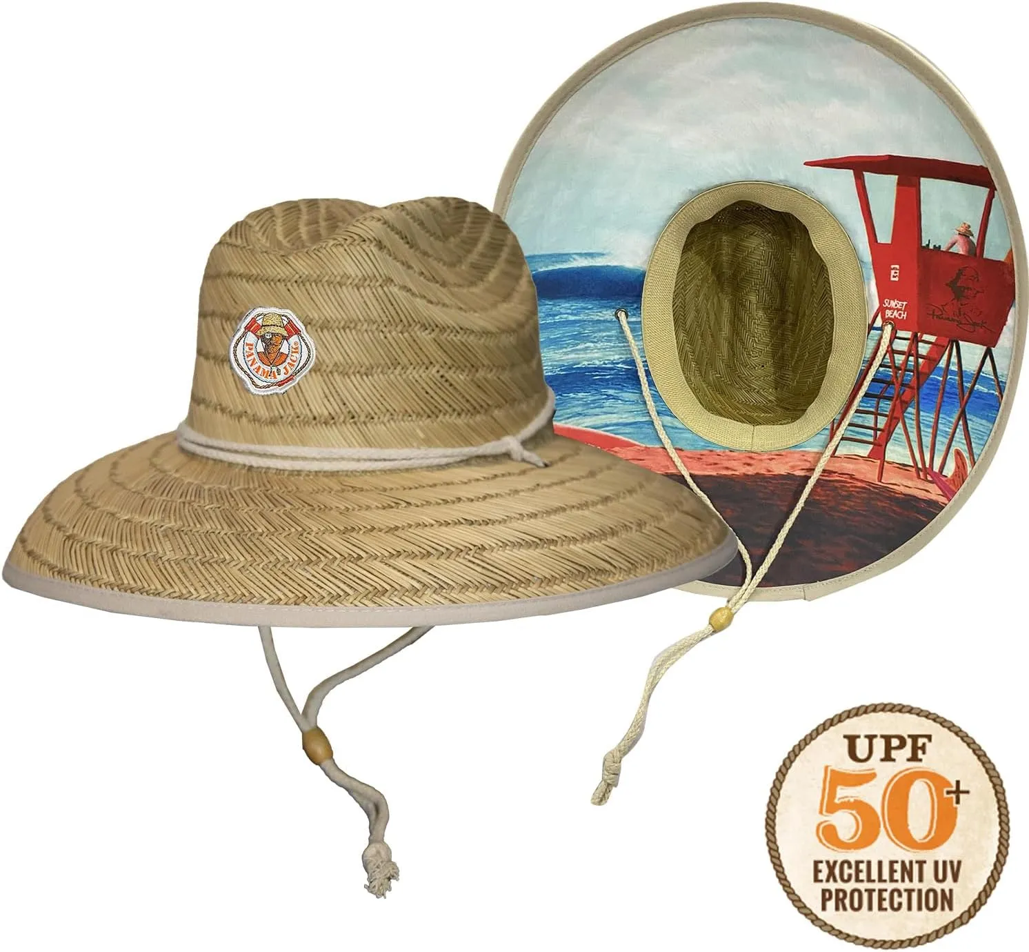 Panama Jack Shanghai Rush Straw Hat - Covered Lifeguard Underbrim, 5" Big Brim, UPF 50  Sun Protection