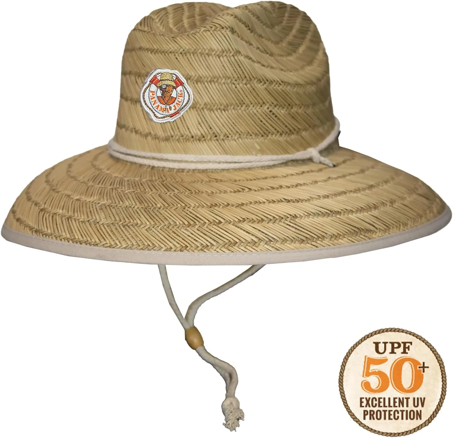 Panama Jack Shanghai Rush Straw Hat - Covered Lifeguard Underbrim, 5" Big Brim, UPF 50  Sun Protection