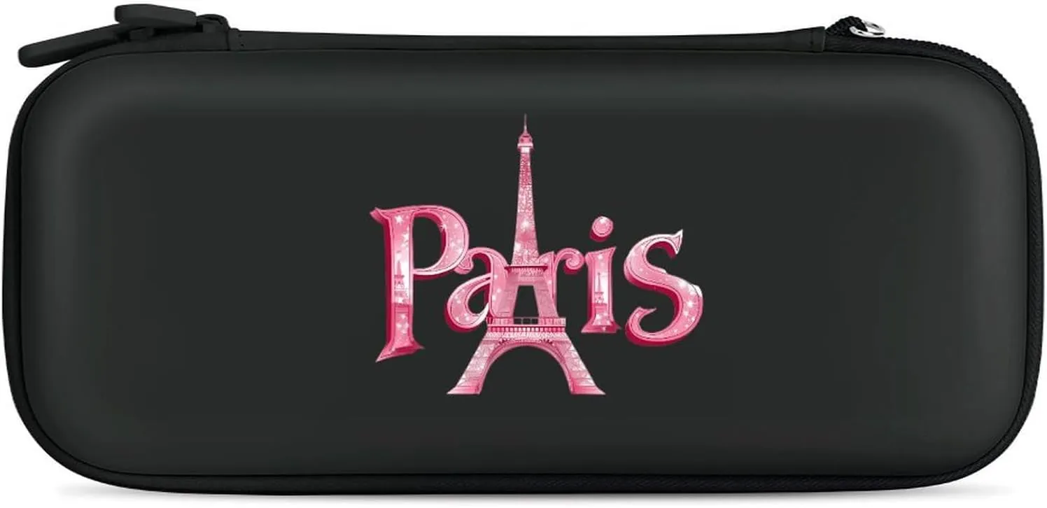 Paris with Eiffel Tower Hard Shell Travel Case with Rope 15 Game Card Pockets Compatible with Switch Protective