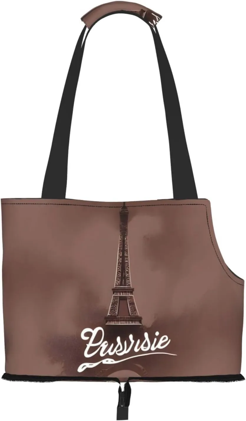 Parisian Coffee Eiffel Tower Print Pet Portable Shoulder Bag, Foldable Pet Bag 13.4 X 6.1 X 10.2 Inches for Subway/Shopping/Hiking
