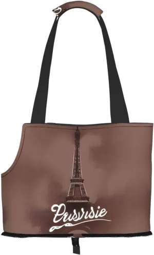 Parisian Coffee Eiffel Tower Print Pet Portable Shoulder Bag, Foldable Pet Bag 13.4 X 6.1 X 10.2 Inches for Subway/Shopping/Hiking