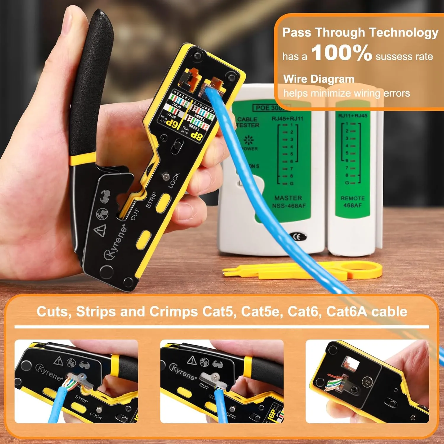 Pass Through RJ45 Crimp Tool Kit, RJ45 Ethernet Crimper Cat5 Cat5e Cat6 Crimping Tool Kit