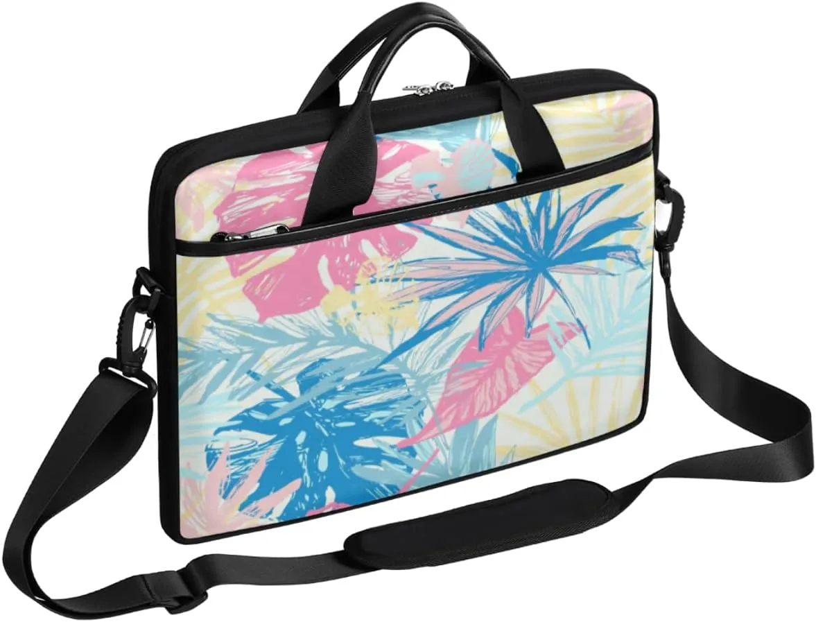 Pastel Tropic Leaves Laptop Shoulder Bag Colorful Computer Bag Sleeves Briefcase Laptop Shoulder Messenger Bag with Handle Strap, Fits Laptop 14-15.6 Inch