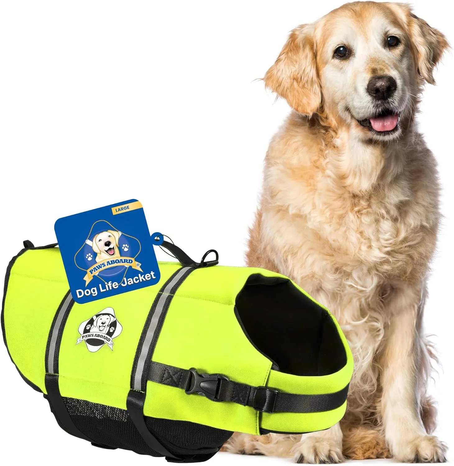 Paws Aboard Dog Life Jacket - Keep Your Canine Safe with a Neoprene Life Vest for Swimming and Boating - Available in Different Sizes, Color and Design to Choose - Neon Yellow, Large
