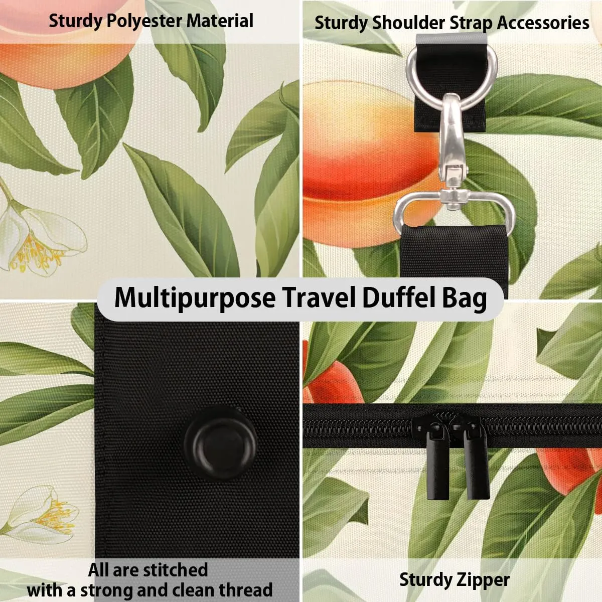 Peaches Fruit Design Travel Duffel Bag for Women Men Waterproof Foldable Overnight Weekender Bag Large Capacity Sports Gym Bag