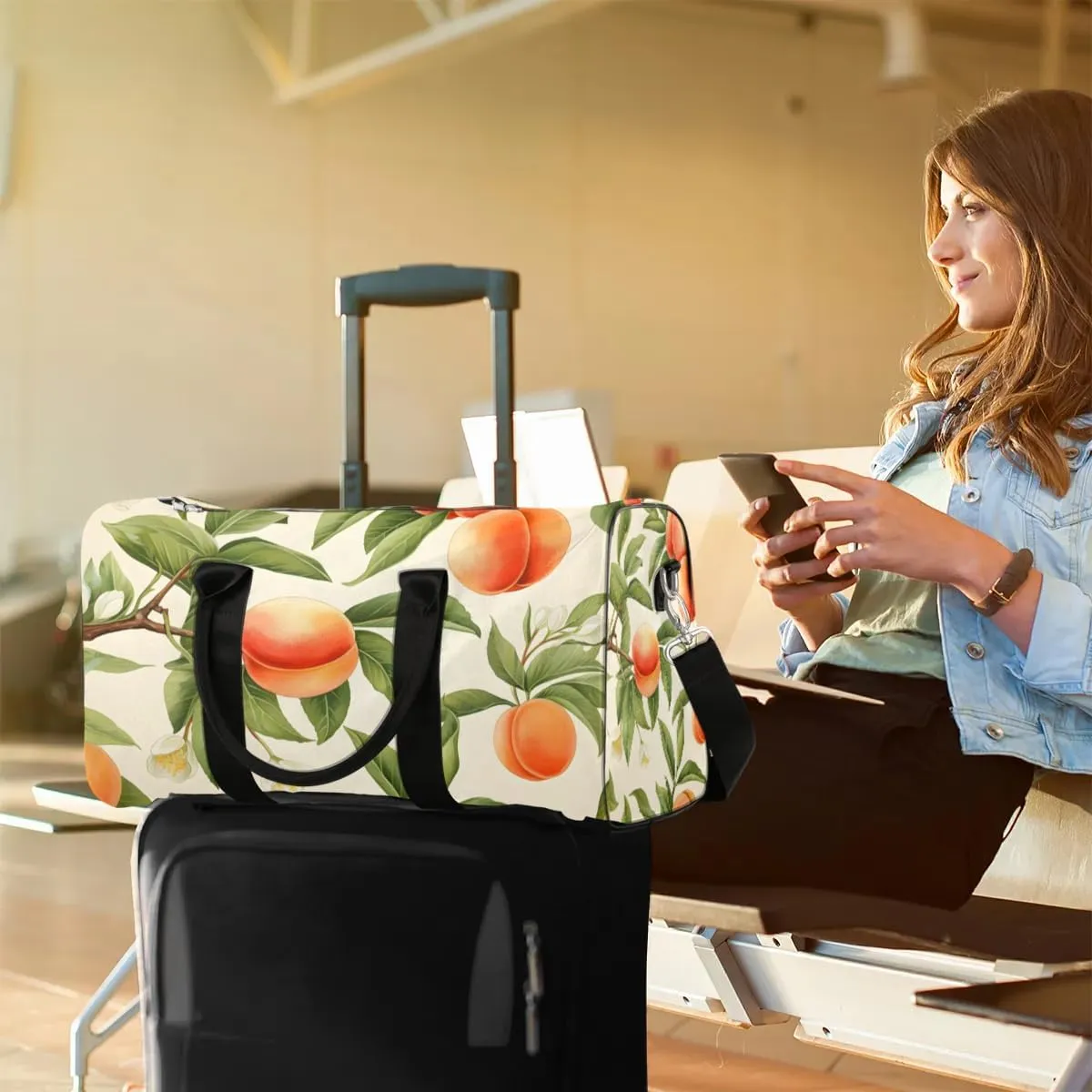 Peaches Fruit Design Travel Duffel Bag for Women Men Waterproof Foldable Overnight Weekender Bag Large Capacity Sports Gym Bag