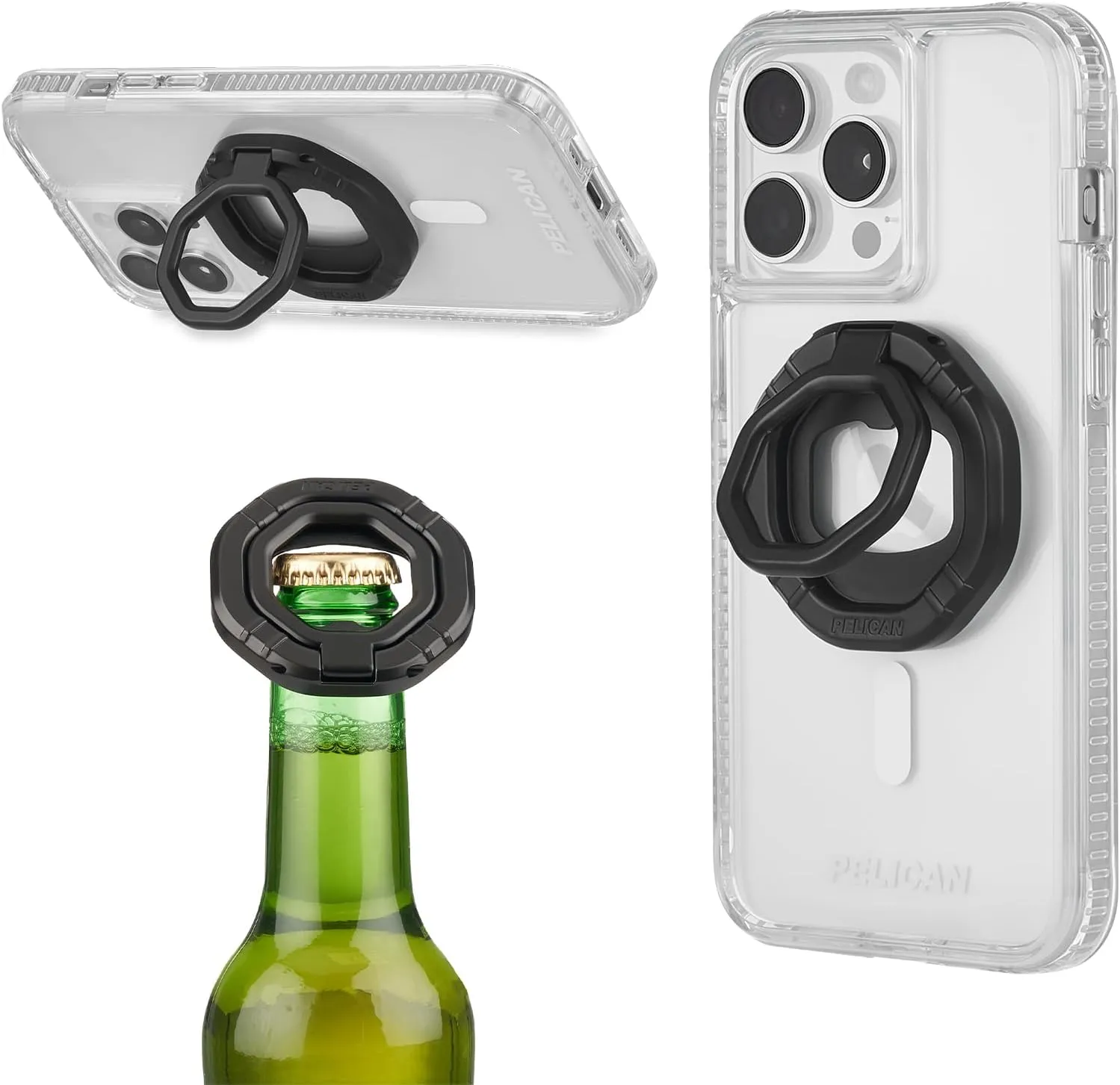 Pelican 3-in-1 Magnetic Phone Grip with Phone Stand and Bottle Opener - Rotatable and Removable for MagSafe Accessories - Magnetic iPhone Holder for iPhone 16 Pro Max/15 Pro Max/14/13 - Black
