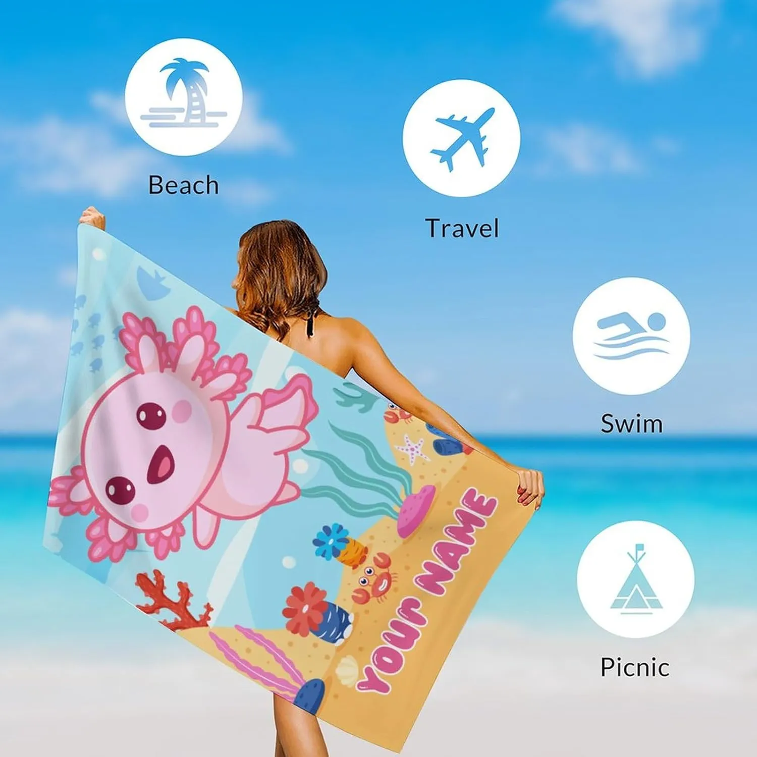 Personalized Axolotl Beach Towel - Lightweight Packable Cute Towels for Women - 40" x 70" Oversized Quick Dry Sandfree Microfiber Beach Essentials for Travel, Pools, Camping