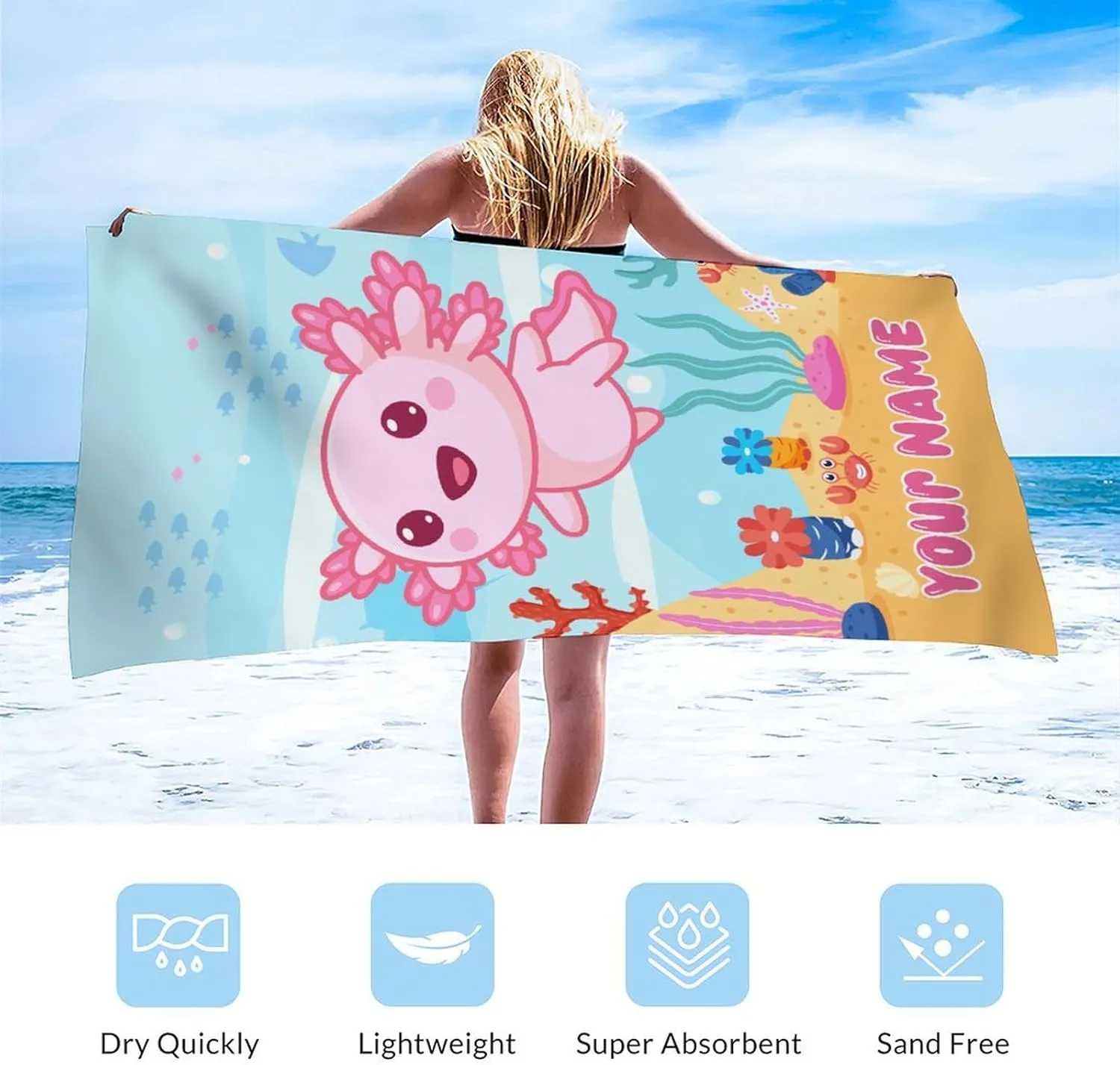 Personalized Axolotl Beach Towel - Lightweight Packable Cute Towels for Women - 40" x 70" Oversized Quick Dry Sandfree Microfiber Beach Essentials for Travel, Pools, Camping